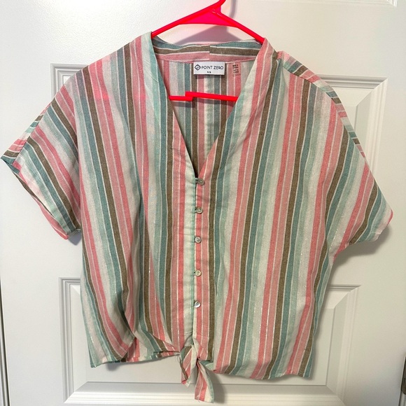 Point Zero Women’s Pink Blue Stripes Buttoned Tie Up Short Sleeve Top Size Small - Picture 1 of 9